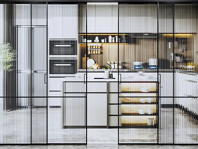 Modern Kitchen Interior With Glass Sliding Doors White Cabinets And Open Design 3d model