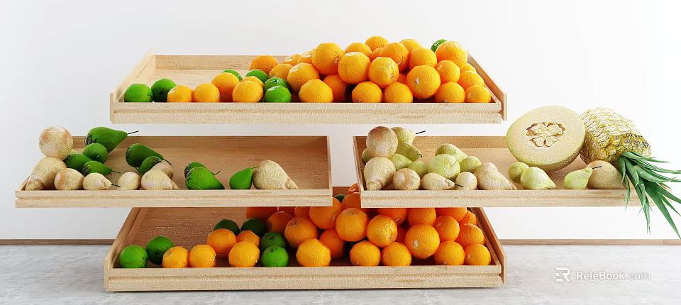 Fresh Fruits Arranged in Wooden Tray with Oranges Limes Avocados and Melon on Shelves 3d model 