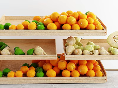 Fresh Fruits Arranged in Wooden Tray with Oranges Limes Avocados and Melon on Shelves 3d model