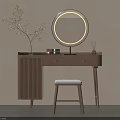 Modern Dressing Table Interior Design With Round Lighted Mirror Wooden Stool And Greenery Decor 3d model