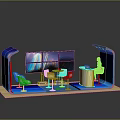 Modern Exhibition Booth With Blue White Design Multiple Screens Tables Chairs And Service Desk Person