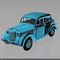 Vintage Blue Sedan Car Model with Classic Rounded Body on Reflective Black Surface