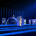 Futuristic Stage Setup With Large Screen Blue Lighting And Audience Seats 3d model