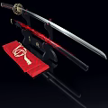 Traditional Japanese Katana Sword With Red Scabbard On Black Stand And Red Base