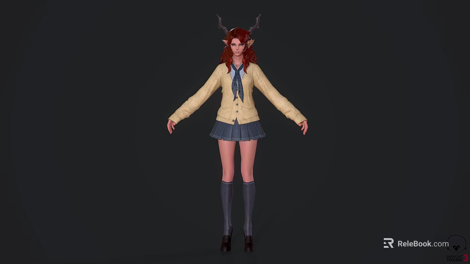 Fantasy Game Movie Female Character With Red Hair Antlers Yellow Cardigan Blue Skirt Gray Socks 3d model 