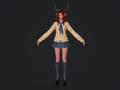 Fantasy Game Movie Female Character With Red Hair Antlers Yellow Cardigan Blue Skirt Gray Socks 3d model