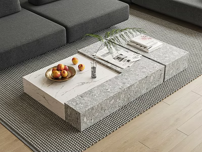 Modern Marble Top Coffee Table With Fresh Fruits Green Plant And Magazines By Gray Sofa 3d model