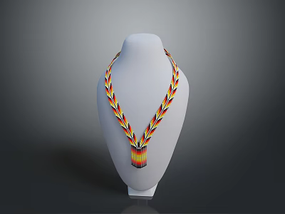 Colorful Handwoven Necklace Displayed On White Mannequin With Striped Design 3d model