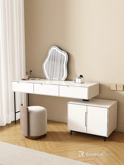 Modern White Dressing Table With Irregular Illuminated Mirror Cosmetics Brushes Beige Stool And Cabinet 3d model