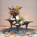 Modern Decorative Ornaments Set With Coffee Tables Flower Bouquet And Blue Brown Rug