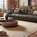 Modern Living and Dining Room Interior with Large Windows Black Leather Sofa and Wooden Furniture