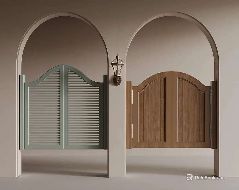 Arched Door Frames With Light Green Louvered And Brown Wooden Doors And Wall Lantern 3d model 