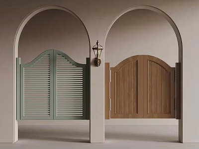 Arched Door Frames With Light Green Louvered And Brown Wooden Doors And Wall Lantern 3d model
