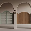Arched Door Frames With Light Green Louvered And Brown Wooden Doors And Wall Lantern