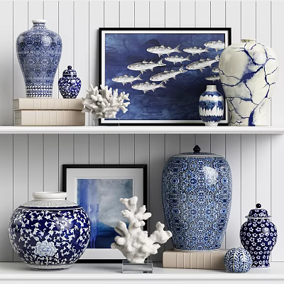 Blue and White Ceramic Vases and Jars with Coral Decorations on Shelf and Artwork 3d model