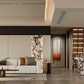 Modern Dining Room Interior With Black Cabinets Marble Island Chandelier And Dining Table Chairs