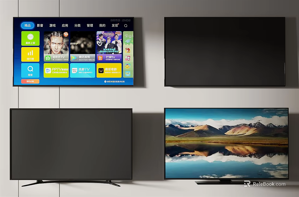 Modern Smart Television Screens With Colorful App Interface And Nature Scene 3d model 
