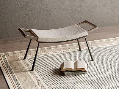 Accent Chair with Metal Frame and Light Gray Cushion on Striped Rug with Open Book 3d model