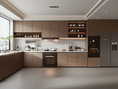 Modern Kitchen Interior With Wooden Cabinets Countertop Oven Coffee Machine And Refrigerator 3d model