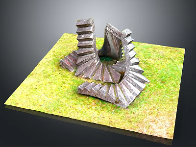 Outdoor Stone Spiral Staircase Scenic Structure On Green Grass Platform 3d model