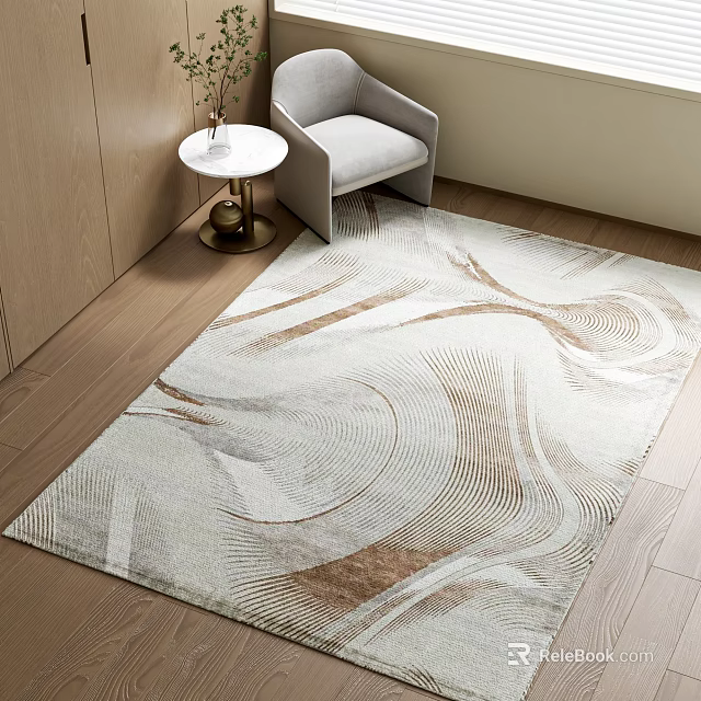 Square Area Rug Showcasing White and Brown Abstract Wavy Pattern on Modern Wooden Floor 3d model 