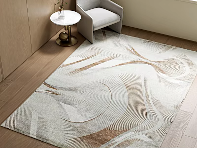 Square Area Rug Showcasing White and Brown Abstract Wavy Pattern on Modern Wooden Floor 3d model