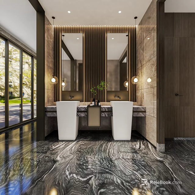 Modern Public Restroom Interior Design With Double Sinks Marble Countertops Wooden Walls And Large Mirrors 3d model 