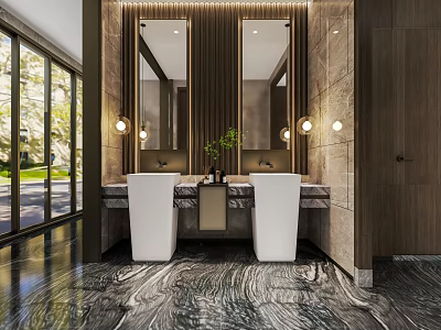 Modern Public Restroom Interior Design With Double Sinks Marble Countertops Wooden Walls And Large Mirrors 3d model
