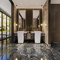 Modern Public Restroom Interior Design With Double Sinks Marble Countertops Wooden Walls And Large Mirrors