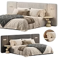 Modern Bedroom Interior With Upholstered Headboard Layered Pillows Cozy Blanket And Round Nightstand
