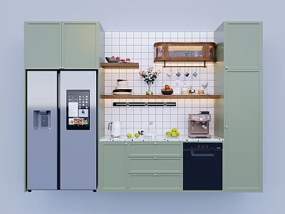 Modern Wine Cabinet In Kitchen With Light Green Cabinets Glassware And Decorative Vase 3d model
