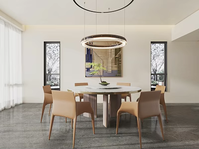 Modern Dining Table Set with Round Table Beige Chairs Pendant Light And Decorative Painting 3d model