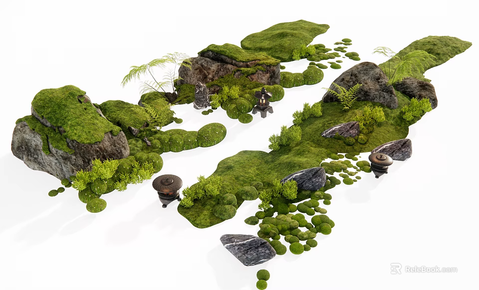 Lush Courtyard Garden with Moss Covered Rocks Small Plants and Natural Layout 3d model 