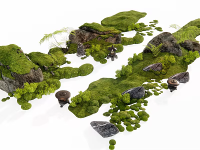 Lush Courtyard Garden with Moss Covered Rocks Small Plants and Natural Layout 3d model
