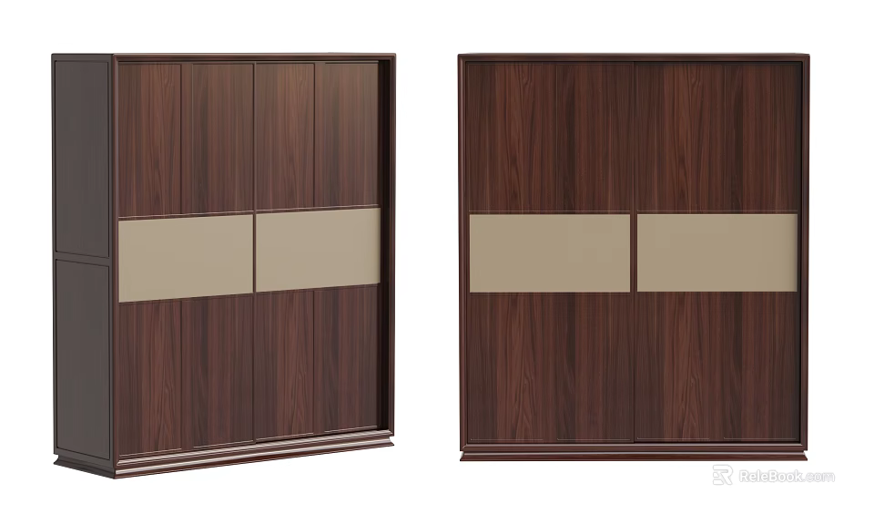 Sliding Wooden Wardrobe Doors With Dark Brown Wood Grain And Light Panels 3d model 