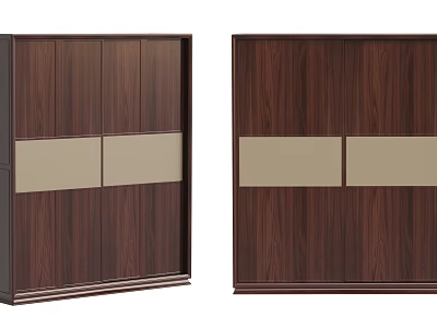 Sliding Wooden Wardrobe Doors With Dark Brown Wood Grain And Light Panels 3d model