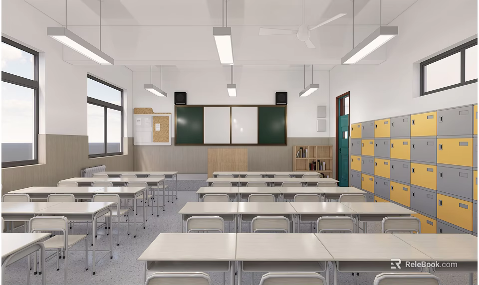 School Classroom Interior With Rows Of Desks Whiteboard Ceiling Lights And Colorful Lockers 3d model 