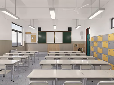 School Classroom Interior With Rows Of Desks Whiteboard Ceiling Lights And Colorful Lockers 3d model