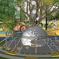 Vibrant Children's Playground With Adults Kids Colorful Ground Slides Netting And Trees