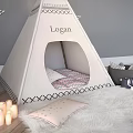 Cozy Kids Teepee with Logan Name Star Decorations on Furry Rug and Bunny Toys