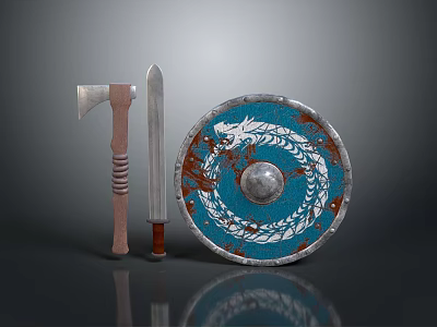 Medieval Weapons Featuring Wooden Handle Axe Metal Blade Sword Blue Dragon Shield With Rusty Details 3d model