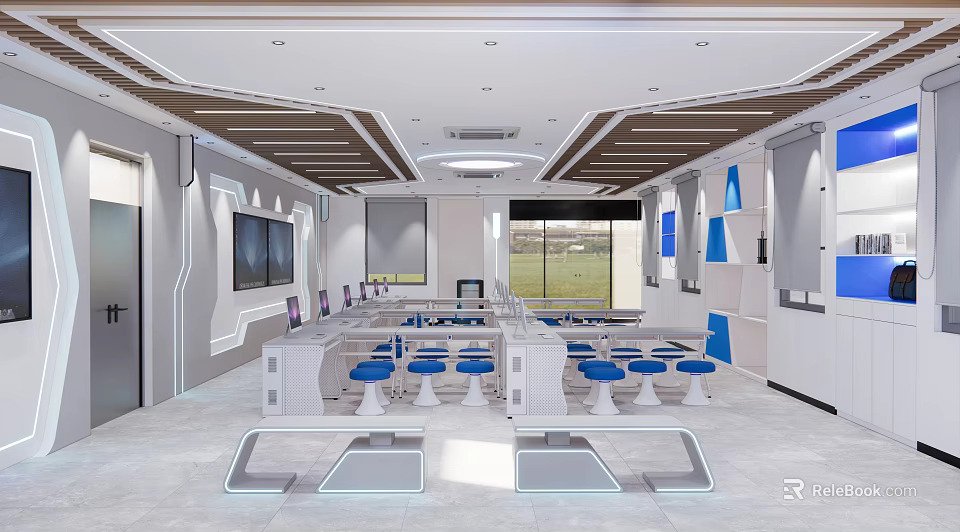 Modern School Computer Classroom With White Desks Blue Stools Computers Screens Windows And Ceiling Lights 3d model 