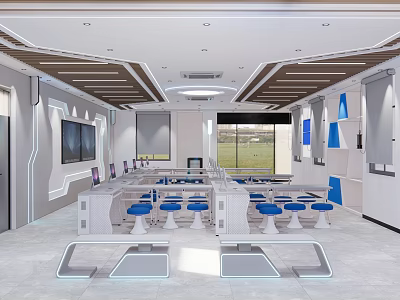 Modern School Computer Classroom With White Desks Blue Stools Computers Screens Windows And Ceiling Lights 3d model