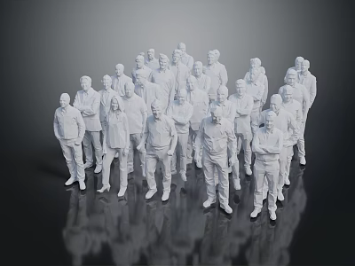 Group of White Human Figures in Various Poses with Gray Background and Floor Reflections 3d model