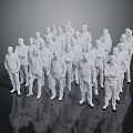 Group of White Human Figures in Various Poses with Gray Background and Floor Reflections