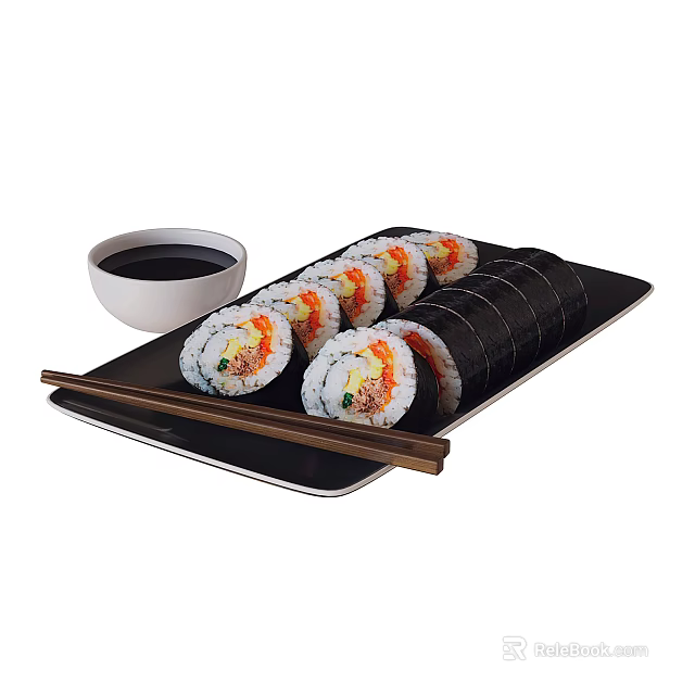 Fresh Sushi Rolls Served With Soy Sauce And Chopsticks On Black Plate 3d model 