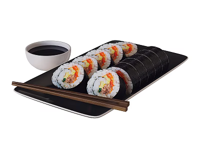 Fresh Sushi Rolls Served With Soy Sauce And Chopsticks On Black Plate 3d model