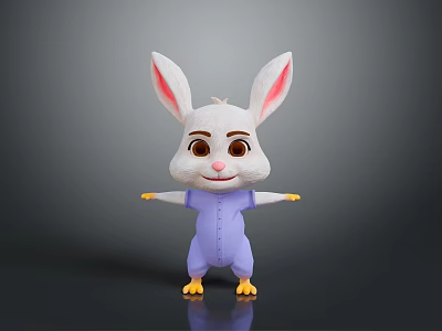 Cute Rabbit Plush Toy Daily Life Essential With White Body Pink Ears Purple Outfit 3d model