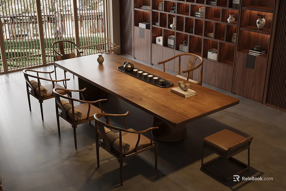 Traditional Chinese Tea Room Interior With Wooden Table Chairs And Display Cabinets 3d model 
