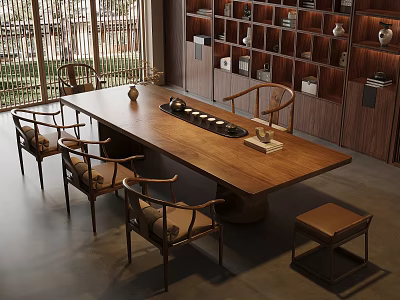 Traditional Chinese Tea Room Interior With Wooden Table Chairs And Display Cabinets 3d model